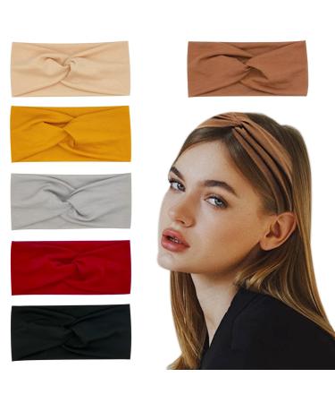 Headbands For Women Workout Yoga Twisted Headband Wide Knotted Head Bands Soft Hair Styling Accessories For Girls 6 Pack Solid