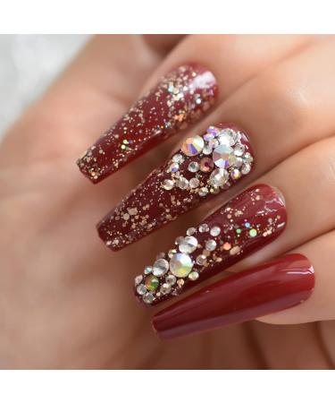 Shop Burgundrot Glitter Sequin Press-On Nails with Tiny Diamond Gems - 24-Piece Full Cover Long Coffin Art Kit - Buy Online on GoSupps.com