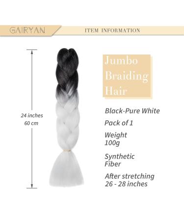 Gairyan Jumbo Braids Extensions - 60cm Ombre Synthetic Braiding Hair 100g Black & White - Perfect for Box Crochet Styles - Buy Online on GoSupps.com