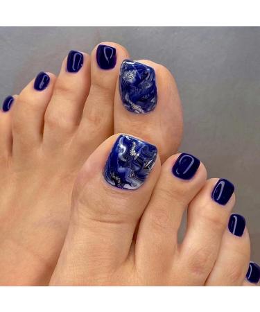 Short Press on Toenails Glossy Acrylic Square Fake Nails with Glue Blue Marble with Glitter Designs Artificial Nails Full Cover Static ToeNail Tips Coffin Stick on Nails False ToeNails for Women 24PCS Dark Blue Marble