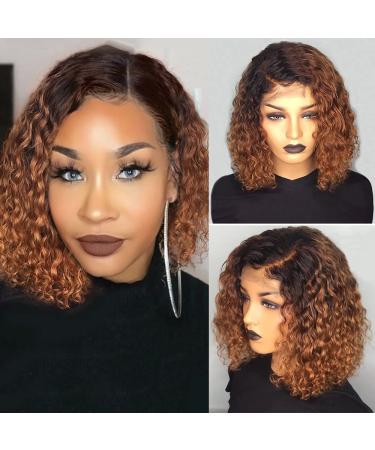 YGQWD Short Ombre Brown Curly Bob Lace Front Wigs with Baby Hair for Black Women Human Hair Pre Plucked 13x4 Lace Frontal Brazilian Virgin Hair Dark Roots Wig 150% Density 10 Inch 10 Inch 13X4 Lace Black To Brown Color
