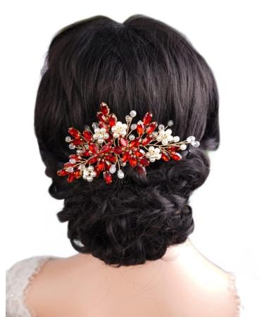 BERYUAN Pearls Rhinestone Flowers Hair Comb Red Teardrop Crystal Rhinestone Wedding Headband Gold Bride Headband Crystal Rhinestone Pearls Wedding Headpiece for Women Girls (RED)