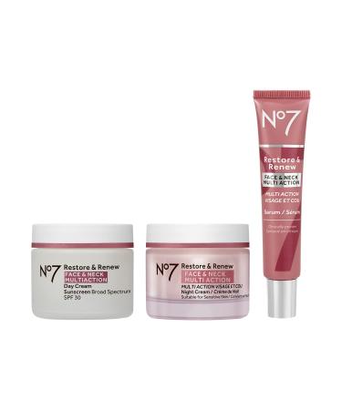 No7 Restore & Renew Face & Neck Multi Action Skincare System - SPF 30 Day Cream with Vitamin C & Collagen Peptides + Anti Aging Facial Serum + Hyaluronic Acid Hydrating Night Cream (3 Piece Kit)