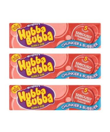 3 x Hubba Bubba Bubble Gum Seriously Strawberry Flavour 3 packs of 5 Chunks