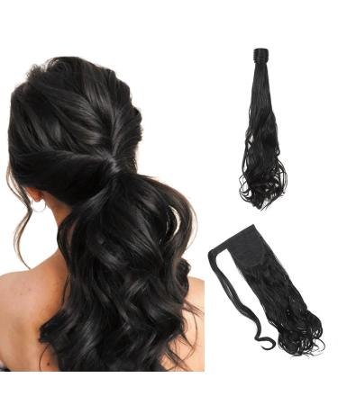 Ponytail Extension Wrap Around Long Straight Curly Clip in Ponytail Hair Extensions for Women Brown Black Blonde Hairpiece 17"-Curly Dark Black Dark Black 17 Inch