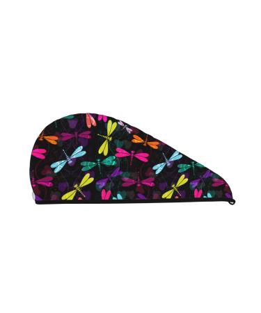 Hair Towel Wrap Hair Drying Towel with Button Towel Turban Head Towel to Dry Hair Quickly (Colorful Dragonflies)