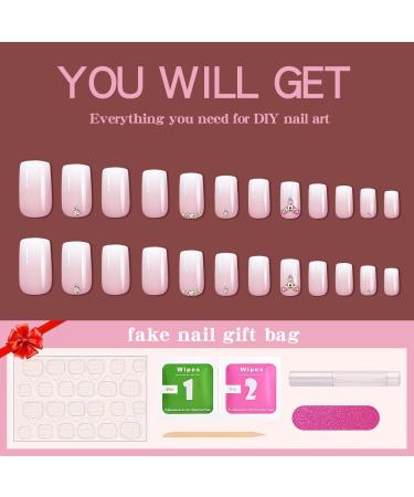 24 Pcs Pink Press-On Nails - Short Bling Glam Square with Diamond & Glitter Rhinestones | Glossy Fake Nails for Women & Girls - Buy Online on GoSupps.com