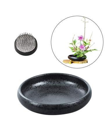 WANDIC Flower Arrangement Supplies  Shallow Round Pottery Ikebana Flower Vase with 4cm Kenzan Flower Frog for Floral Arrangement Home Decoration  Black Spotted