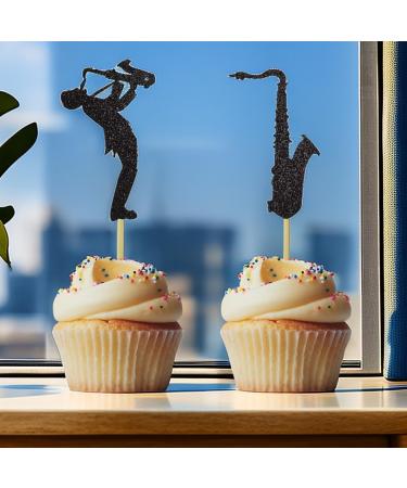 Morndew 24 PCS Black Glitter Saxophone and Player Cupcake Toppers for Kids Music Themed Party Children Birthday Party Baby Shower Wedding Party Decorations - Buy Online on GoSupps.com