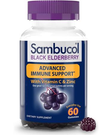 Sambucol Black Elderberry Immune Support Gummies with Vitamin C & Zinc Natural Berry 60 Gummies