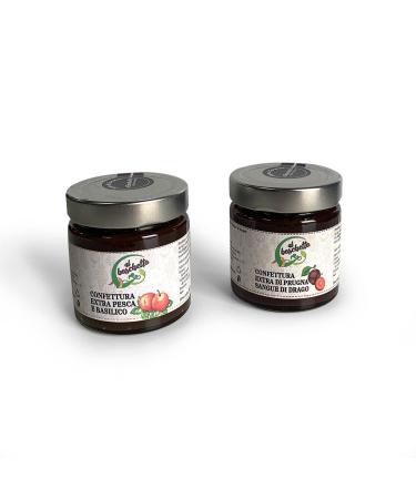 Extra jam of Plum and Peach and Al Boschetto Basil, 100% natural, MadeinItaly, Km0, 2 jars of 200g each. Ideal fillings for ice cream, cheesecakes and cheeses.