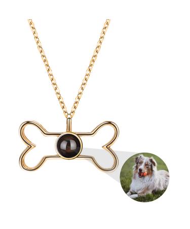 Projection chain with photo personalized dog paw printing chain 925 sterling silver pet photo necklace dog bones trailer picture chain in stone pet memories jewelry gifts women bone-gold
