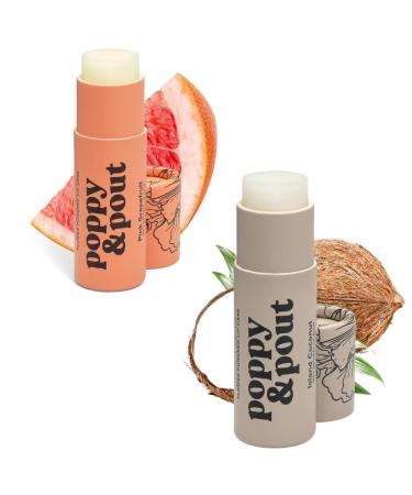 Poppy & Pout Jumbo Lip Balm 2 Pack All Natural Lip Balms & Moisturizers Hydrates with Beeswax Vitamin E Organic Coconut Island Coconut & Pink Grapefruit