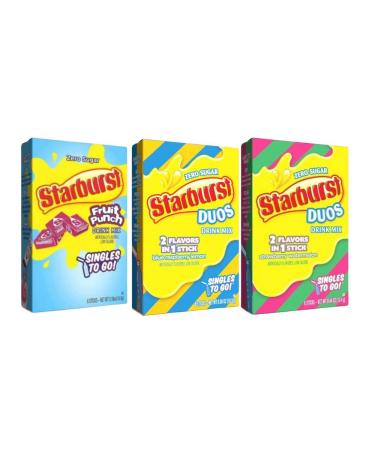 Star-burst Drink Mix 2Flavors in 1Stick Strawberry Watermelon & Blue Raspberry Lemon & Fruit Punch Singles to go Zero Sugar Juice Drink Mix Low Calorie Drinks 3 Boxes w/ 6 Packets Each (Pack of 3)
