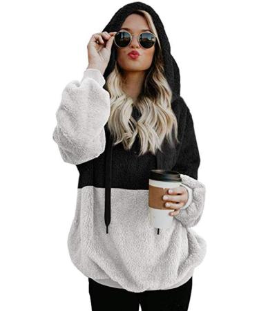Bigfanshu Womens Long Sleeve Tops Hooded Sweatshirt Winter Warm Zipper Pocket Pullover Blouse Shirts Black - Buy Online on GoSupps.com