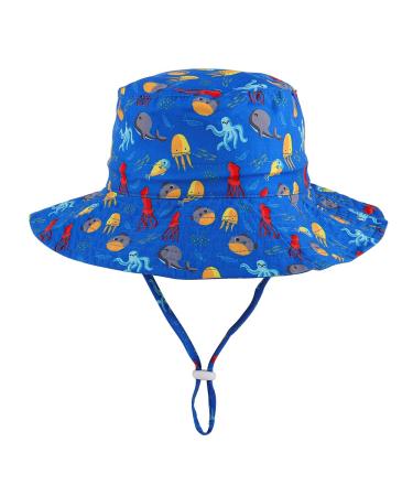 LACOFIA Toddler Baby Sun Hat Unisex Kids Summer Bucket Hat Wide Brim for Outdoor Swim Beach Pool Adjustable 6-24 Months B-Blue Octopus