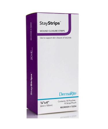 StayStrips Wound Closure Strips 1/4 x 4  Hypoallergenic Adhesive Flexible Moisture & Air Permeable Helps Reduce Scar Formation Primary and Secondary Closure 50 Pouches / 10 Strips (500 Strips)