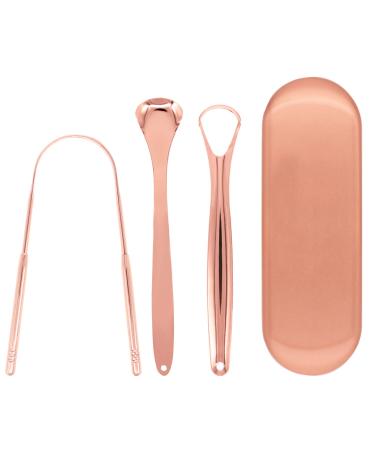 AIPRODA Stainless Steel Metal Tongue Scraper Cleaner Rust Metal Dental Scraper with Handy Carrying Store Case(3pcs Rose gold)