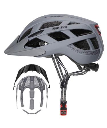 Adult-Men-Women Bike Helmet with Light - Mountain Road Bicycle Helmet with Replacement Pads & Detachable Visor Matte Gray L(23-24 in/59-61cm)