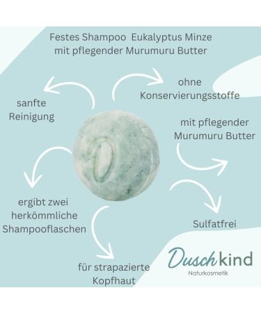  Duschkind Naturkosmetik Solid Shampoo Eucalyptus Mint - Natural fragrance - Can be used as shampoo shower gel conditioner and shaving cream - Vegan formula - Recyclable packaging - Buy Online on GoSupps.com