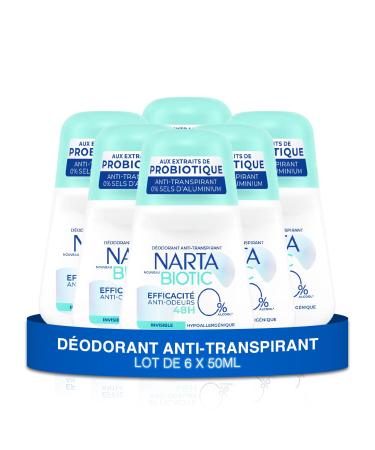 Narta - Women's Roll-On Deodorant - Biotic Antiperspirant 48-Hour Odor Protection Hypoallergenic Alcohol-Free - Pack of 6 x 50ml