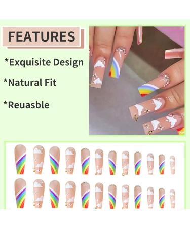 RUNRAYAY Rainbow French Long Fake Nail Press on False Nails with Charms - 24Pcs - Buy Online on GoSupps.com