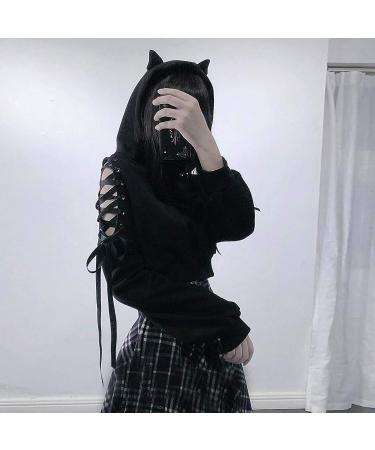 Black Cat Hoodie for Women | Criss Cross Long Sleeve Sweatshirt | Cute Crop Top Pullover | S-5XL Sizes Available - Buy Online on GoSupps.com