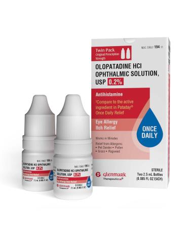 Glenmark Therapeutics Once Daily Olopatadine Eye Drops for Allergies Redness Relief Antihistamine Allergy Relief from Pet Dander Pollen Grass Ragweed Olopatadine HCl 0.2% 2.5ml (Twin-Pack) Twin Pack