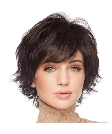 Sallcks Short Layered Wig for Women Brown Natural Fluffy Synthetic Hair Replacement Wig for Daily Party Halloween
