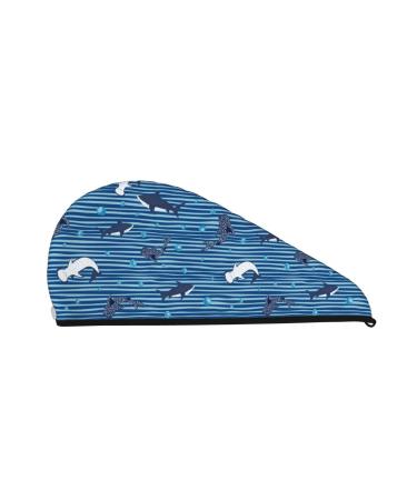 Hair Towel Wrap Hair Drying Towel with Button Towel Turban Head Towel to Dry Hair Quickly (Sharks On White Blue Striped)