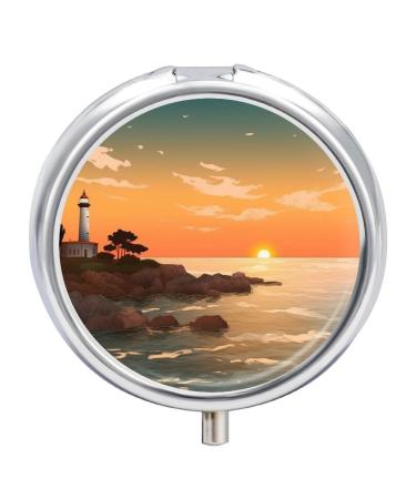 Pill Box Pill Case 3 Compartment Travel Pill Box Ocean Sunset Landscape Printing Small Pill Box Portable Medicine Pill Case Pill Organizer for Purse & Pocket for Travel Handbag (Round)