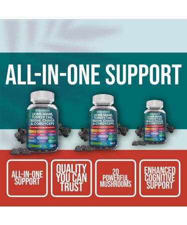 Organic Mushroom Gummies 20 in 1 Complex Daily Lion's Mane Reishi Chaga Cordyceps Enoki Oyster Turkey Tail Brains Vegan Memorys Superfood Mushroom Supplement for Adults Men & Women - Buy Online on GoSupps.com