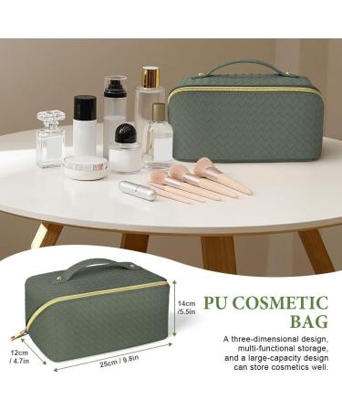 Aucuu Large Capacity Travel Cosmetic Bag - Mint Green Checkered PU Leather Makeup Organizer - Buy Online on GoSupps.com