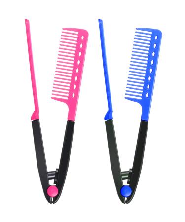 2 Pieces Flat Iron Comb Straightening Comb Salon Hair Brush Combs Hairdressing Styling Hair Straightener V-shaped Straight Comb Straightener (Rose Red  Blue)
