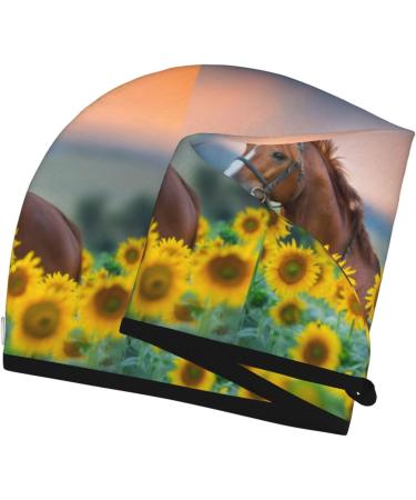 Hair Towel Wrap for Quick Drying - Button Closure Towel Turban in Horse Sunflowers | Shop Internationally - Buy Online on GoSupps.com