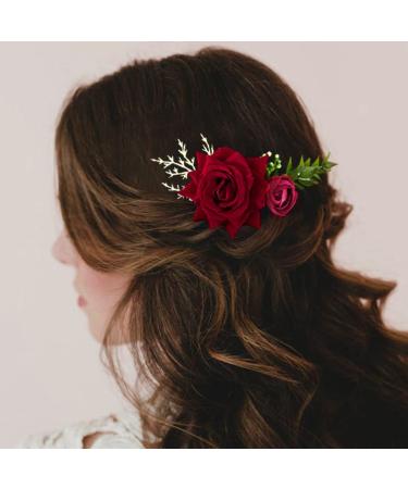Fangsen Deep Red Wedding Rose Flower Hair Comb - Bridal Headpiece for Brides & Bridesmaids - Buy Online on GoSupps.com