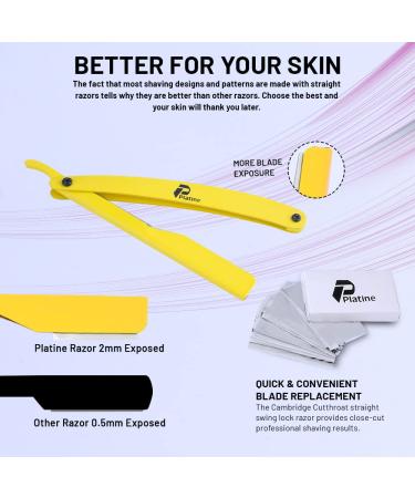Platine Ergonomic Stainless Steel Straight Razor - Premium Barber Razor with 10 Extra Blades for Personal & Professional Use - Yellow - Buy Online on GoSupps.com