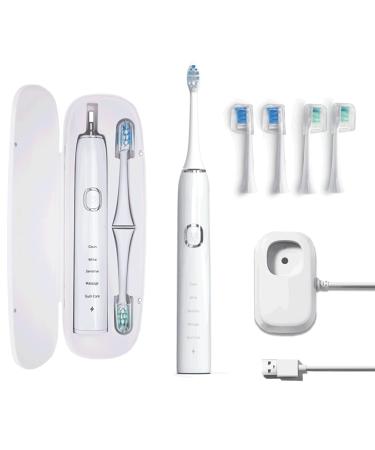 Mamibot Electric Toothbrush for Adults  Waterproof Power Toothbrush  Rechargeable Tooth Brush with 5 Modes & 4 Brush Heads  6 Hr Charge Last 30 Days  White