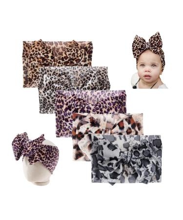 Nishine 5PCS Baby Girls Soft Wide Leopard Hair Turban Head Wraps Kids Stretchy Knotted Bows Headband for Children Hair Accessories Infant Headwraps