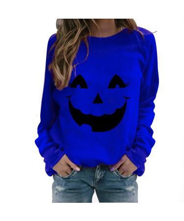 Halloween Costumes Round Neck Casual Long Sleeve Sweatshirt Top Pullover Fleece Sweater Women Blue Large
