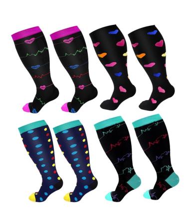 4 pairs of oversize compression stockings women colorful support stockings women medical compression socks elastic nylon breathable travel socks for running sports flight trip 2xl/3xl/4xl