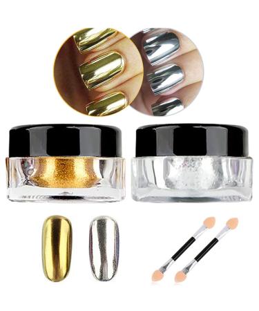 Nail Powder Hisight 2 pcs Nail Art Mirror Glitter Chrome Pigment Powder Dust Nail Sequins Gold Silver Color Nail Art Tools with Sponge Stick 2 (Silver Gold)