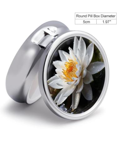 Round White Lotus Print Pill Box | 3 Compartment Portable Medicine Organizer | Decorative Metal Pocket Pill Case - Buy Online on GoSupps.com
