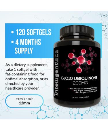 Intelligent Labs CoQ10 Ubiquinone 200mg Softgels | Coenzyme Q10 with MCT Oil for Max Absorption | Soy Sugar Gluten and GMO-Free | 120 Servings | 4 Months Supply - Buy Online on GoSupps.com
