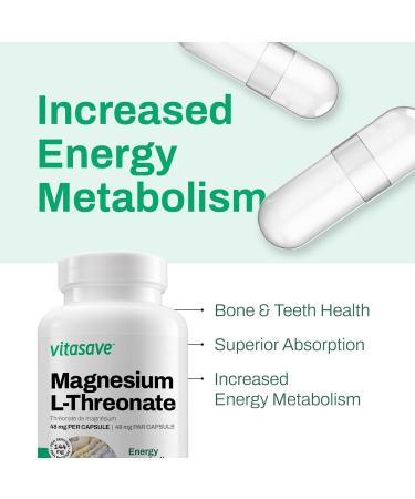 Vitasave Magnesium L-Threonate | 144mg Elemental Magnesium | Super Absorption - Energy Metabolism - Supports Muscle Function | Non-GMO Vegan-Friendly 120 Capsules per Bottle - Made in Canada - Buy Online on GoSupps.com