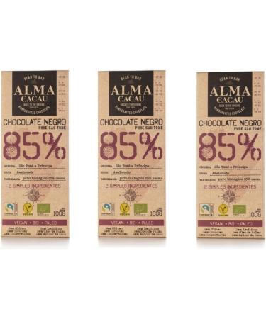 Alma do Cacau Chocolate Origins 85% Cacao - Pack of 3 x 100g tablets - Vegan and Paleo product - From S o Tom and Pr ncipe - No cane sugar or palm oil - Product packaged with nutrients