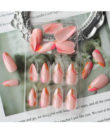 Almond Shaped Gold Foil Fake Nails - 24pcs Medium Press on Acrylic French Nails with Swirl Designs - Summer Glossy Stick on Nails for Women and Girls - AL21 - Buy Online on GoSupps.com