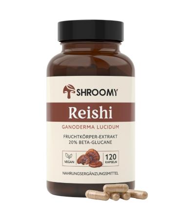 as prime products SHROOMY Reishi Ganoderma lucidum capsules 120 pieces Fruit body extract 20 betaglucans Vegan Glass bottle