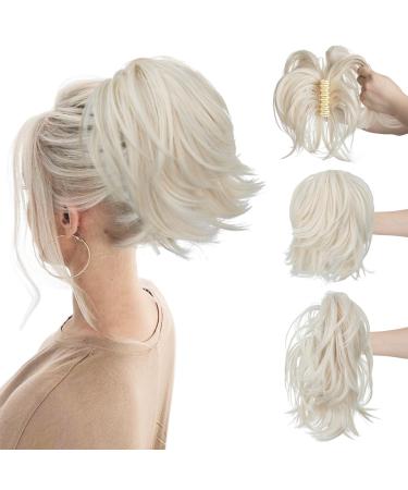 CJL HAIR Claw Clip Short Ponytail Hair Extensions Bendable Metals Messy Bun Hair piece Straight Fake Hairpieces White Blonde 8 inch