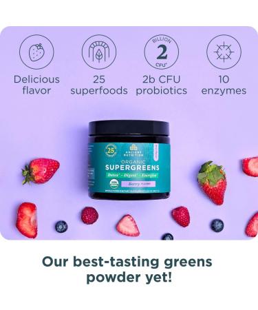 Ancient Nutrition SuperGreens Powder with Probiotics Organic Berry Flavor Greens Made from Real Fruits Vegetables and Herbs Digestive and Energy Support 12 Servings 3.2oz Berry 3.2 Ounce - Buy Online on GoSupps.com